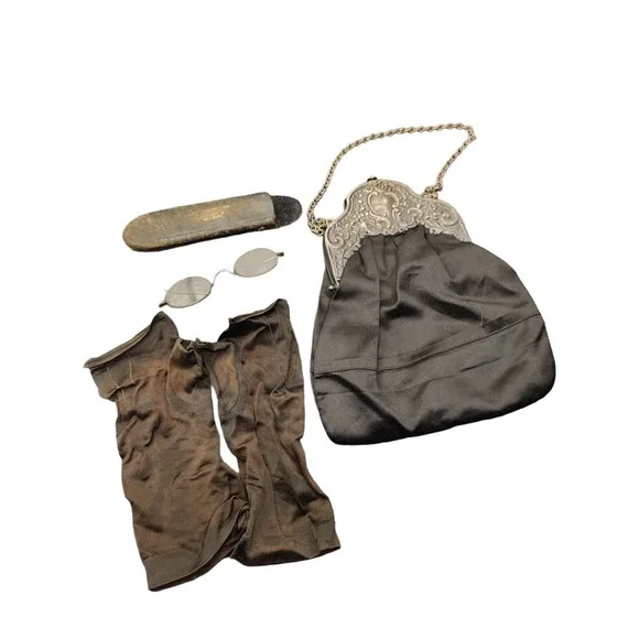 Antique Gorham Silver Black Purse w/ Antique Glasses and Gloves inside - Picture 2 of 6